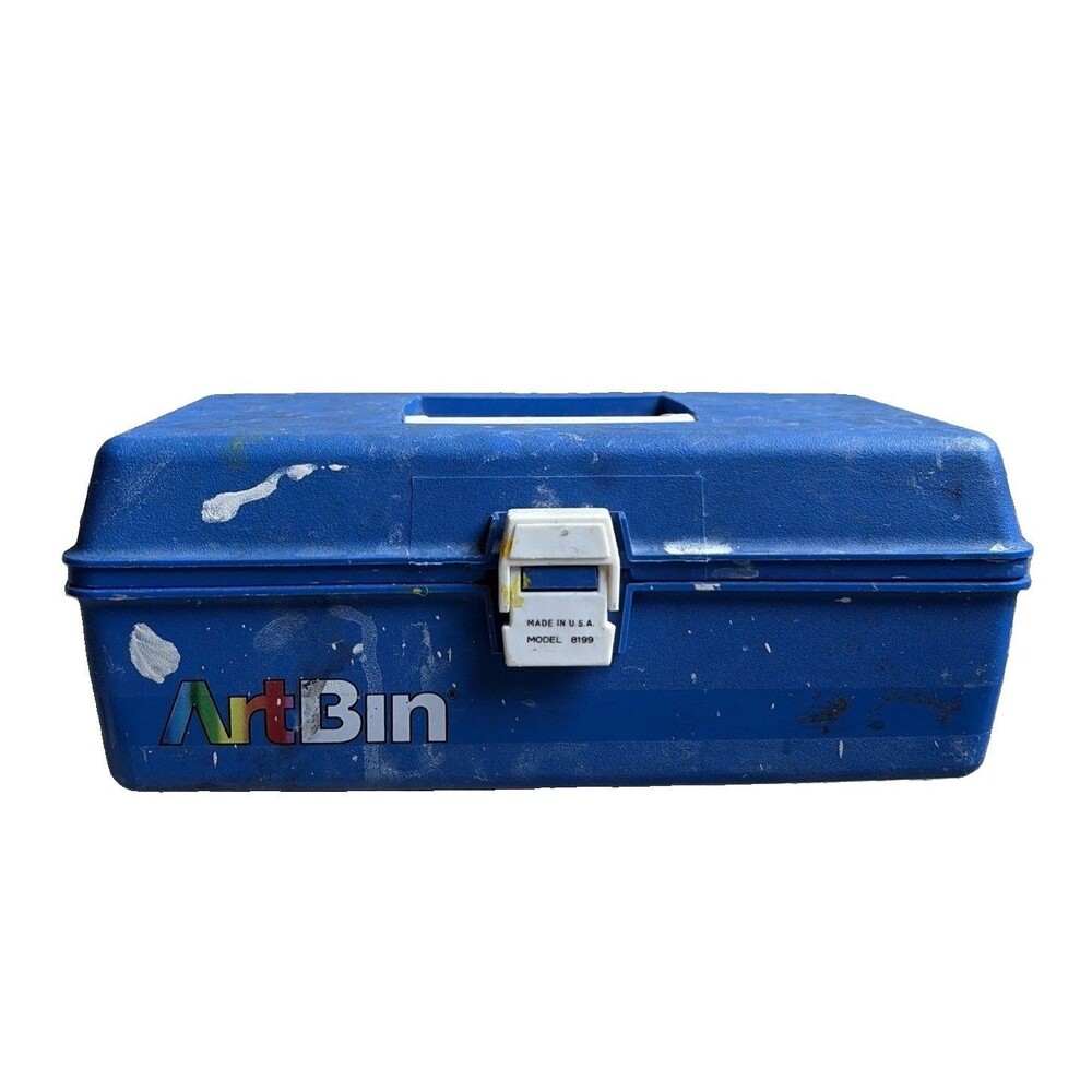 Vintage Art Bin Paint Supplies Storage Box #8199 Blue Fold Out Tray compartments